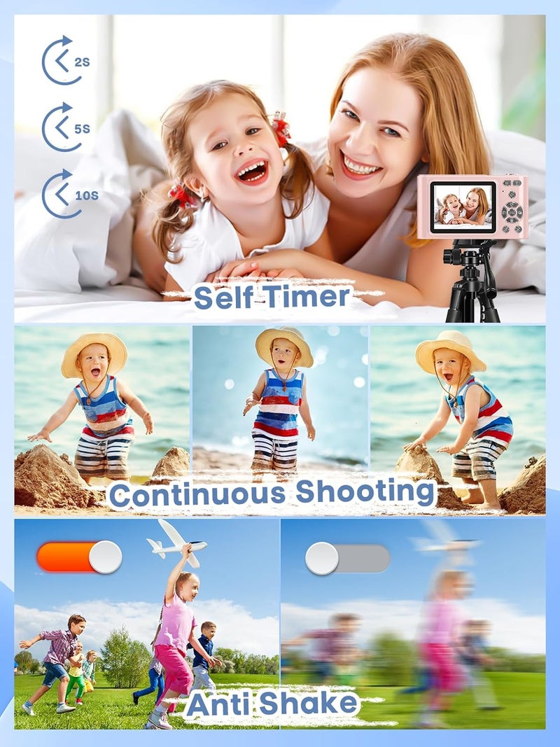 BEARBISU Digital Camera, 44MP Full HD 1080P Point and Shoot Camera with 64GB Card, Anti Shake 16X Zoom Compact Volg Cameras, Portable Small Digicam Gift for Kids, Ages Teen Girl Boy - Pink - Image 5
